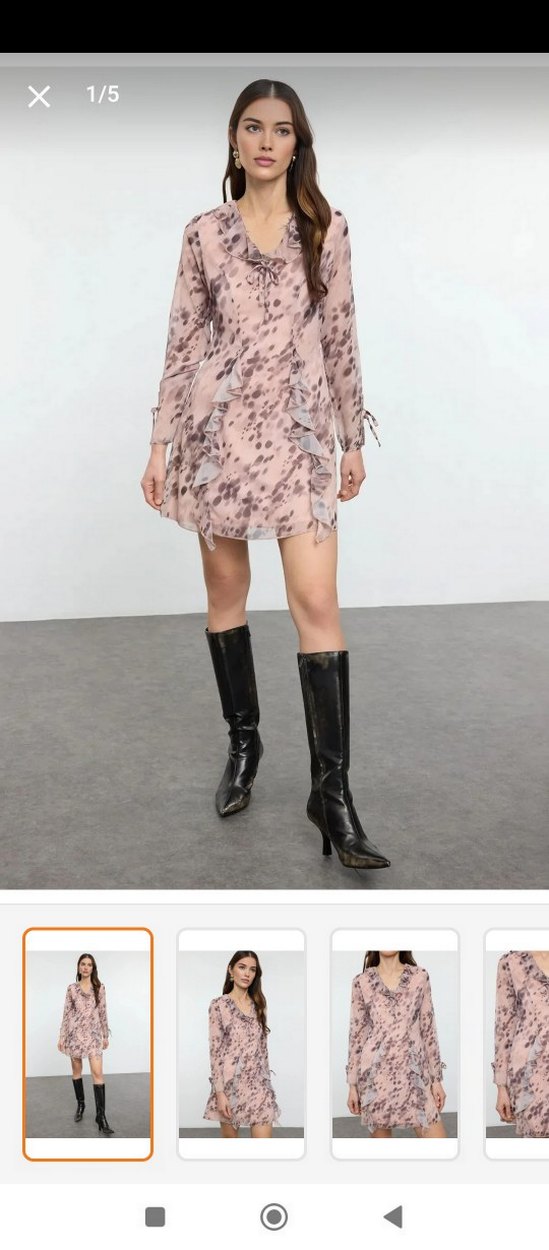 V Yaka Uzun Kollu Midi Elbise - Görsel 2