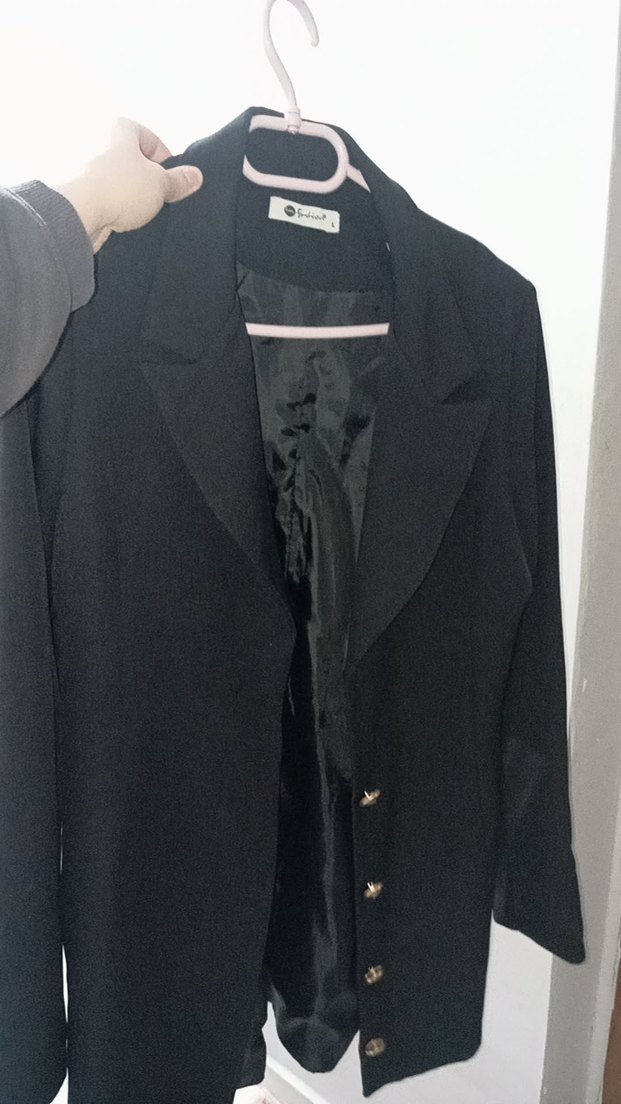 Düğmeli Siyah Keten Kadın Blazer Ceket elbise - Görsel 2