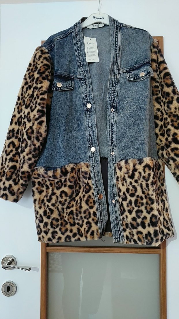 Leopar Desenli Kürklü Kadın Denim Ceket - Görsel 2