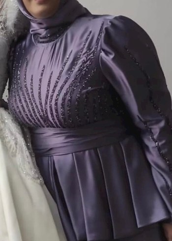 Mor Uzun Kollu Nakışlı Abiye Elbise - Görsel 2