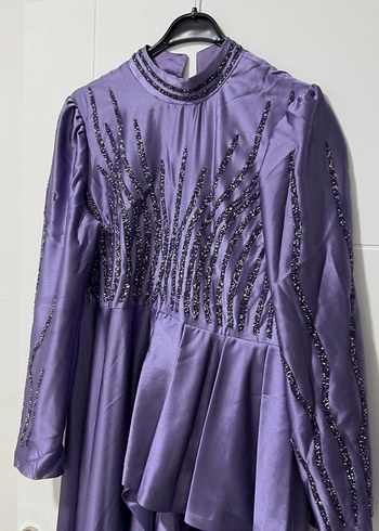 Mor Uzun Kollu Nakışlı Abiye Elbise - Görsel 4