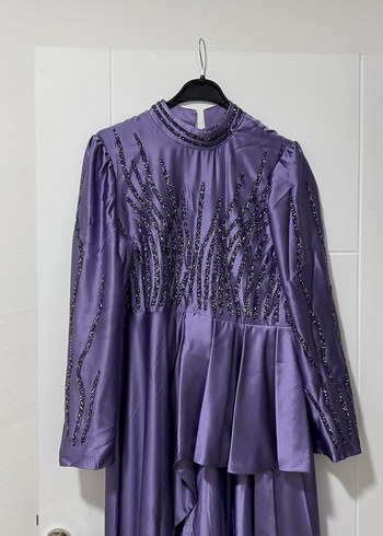 Mor Uzun Kollu Nakışlı Abiye Elbise - Görsel 6