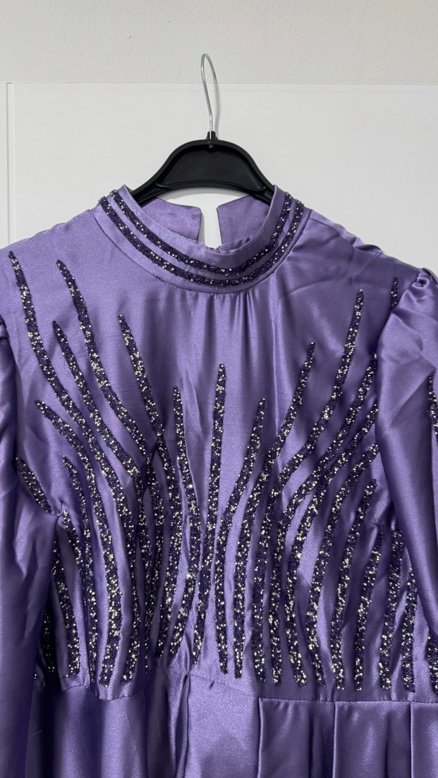 Mor Uzun Kollu Nakışlı Abiye Elbise - Görsel 5