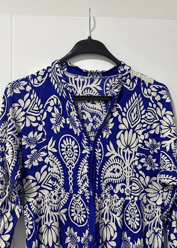 Bohem Uzun Kollu V Yakalı Mavi Elbise - Görsel 2