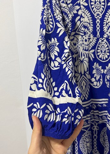 Bohem Uzun Kollu V Yakalı Mavi Elbise - Görsel 3