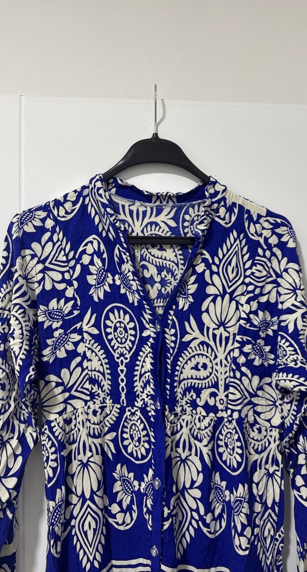 Bohem Uzun Kollu V Yakalı Mavi Elbise - Görsel 2