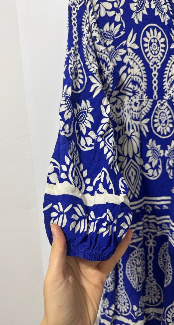 Bohem Uzun Kollu V Yakalı Mavi Elbise - Görsel 3