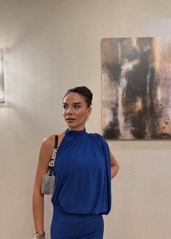 Zara Mavi Drapeli Mini Abiye Elbise - Görsel 3