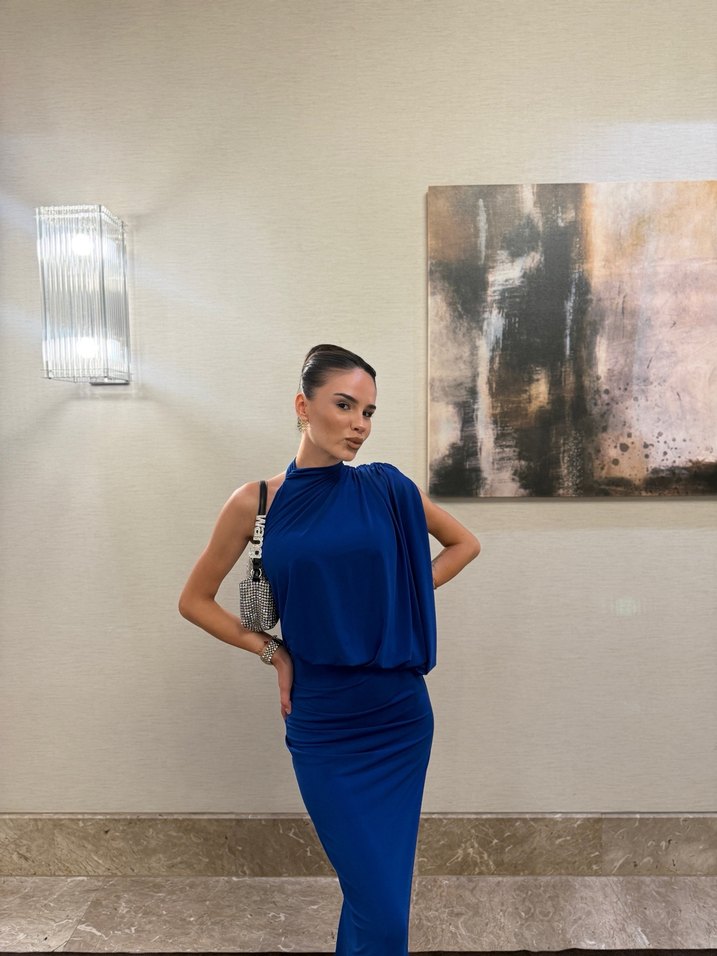 Zara Mavi Drapeli Mini Abiye Elbise - Görsel 4