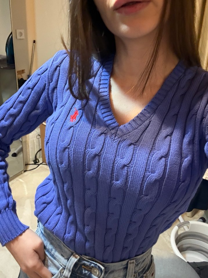 Polo Ralp Lauren Mor v Yaka Örgü Kadın Kazak - Görsel 2