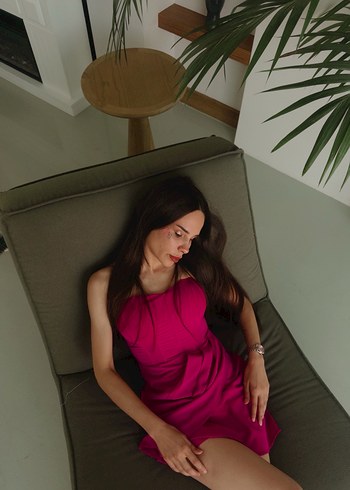 Pembe Drapeli Straplez Mini Elbise - Görsel 2