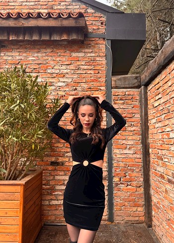 Koton Siyah Süet Mini Elbise, Yüksek Yaka, Uzun Kollu - Görsel 2