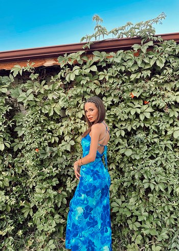 Koton Mavi Bağlama Desenli Uzun Drapeli Elbise - Görsel 3