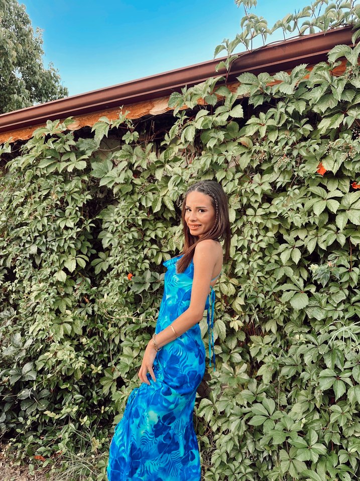 Koton Mavi Bağlama Desenli Uzun Drapeli Elbise - Görsel 2