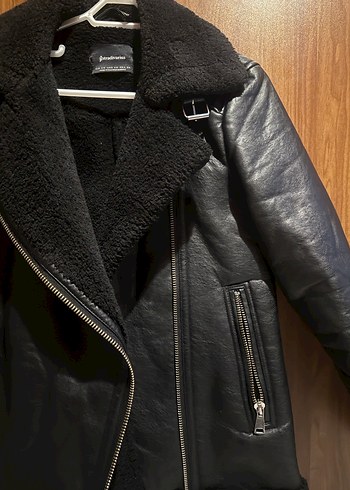 Stradivarius Siyah Kürklü Deri Biker Ceket - Görsel 5