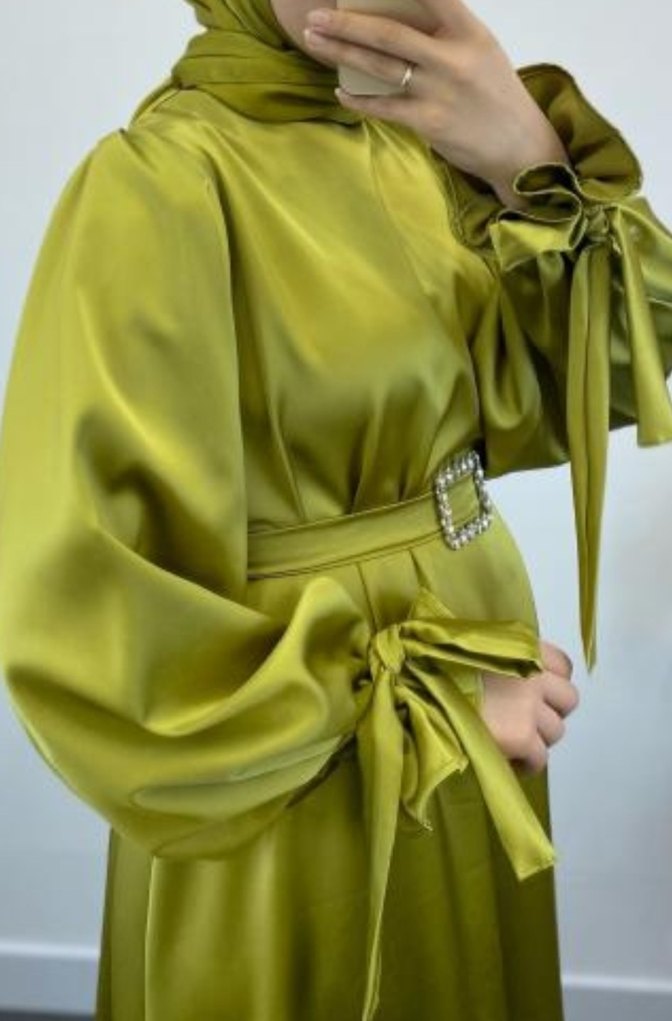 Saten yağ yeşili abiye - Görsel 2