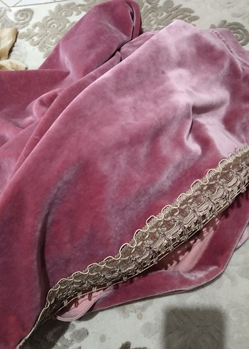 Pembe Kadın Kadife Şal Dantel Detaylı - Görsel 2