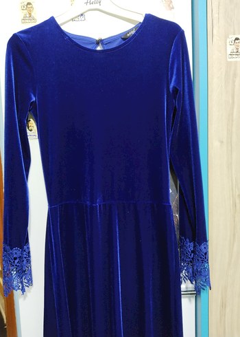 Kadın Mavi Uzun Nakışlı Straplez Elbise - Görsel 2