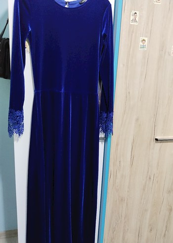 Kadın Mavi Uzun Nakışlı Straplez Elbise - Görsel 4