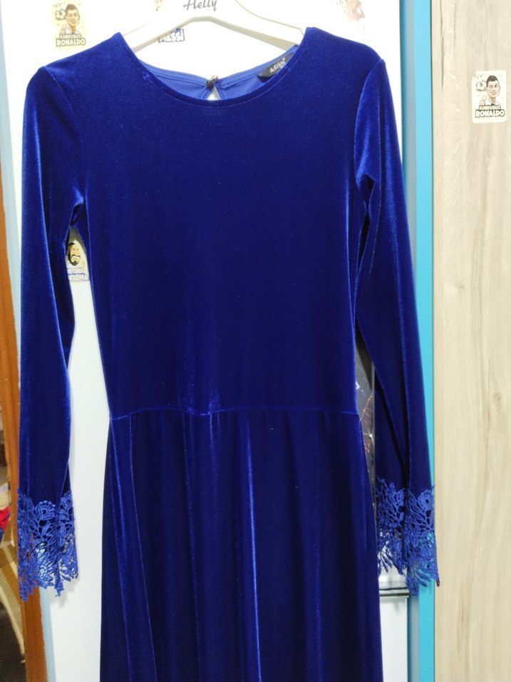 Kadın Mavi Uzun Nakışlı Straplez Elbise - Görsel 2