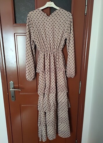 Diğer Kahverengi dama desenli kat kar fırfırli elbise