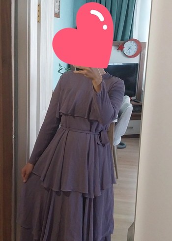 Uzun Kollu lila Fırfırlı Uzun Elbise