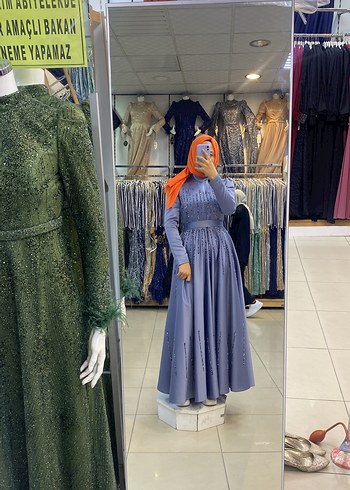 Gri Uzun Kollu Drapeli Abiye Elbise