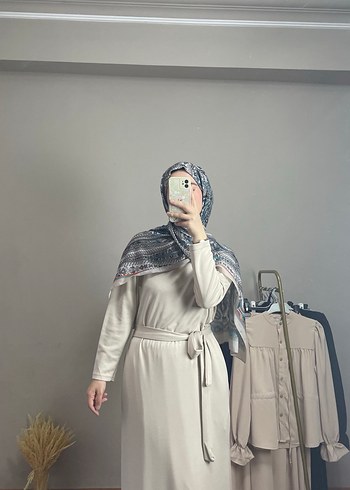 Taş Rengi Bağlamalı Uzun Kollu Kadın Elbise