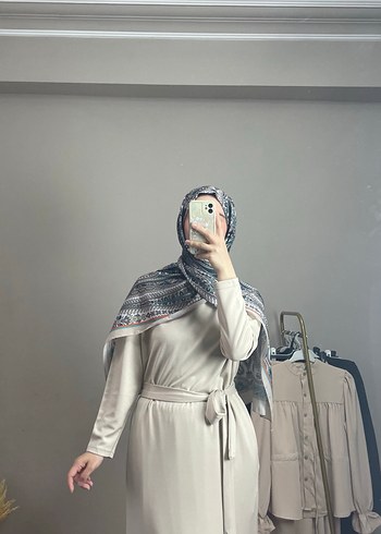diğer Beden Taş Rengi Bağlamalı Uzun Kollu Kadın Elbise