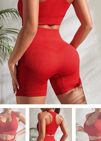 Kırmızı V Yaka Kısa Kadın Spor Takım - Görsel 2