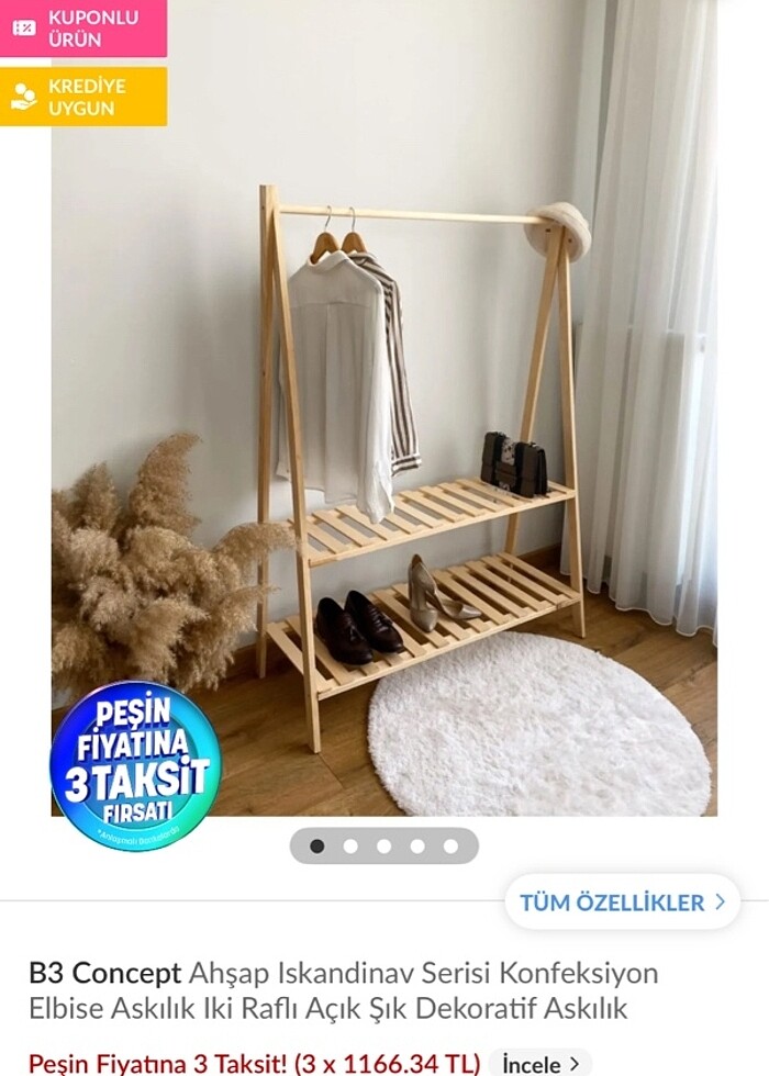 Ahşap İskandinav Elbise Askılık 2 Raflı - Görsel 2