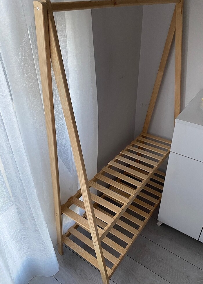 Ahşap İskandinav Elbise Askılık 2 Raflı - Görsel 4