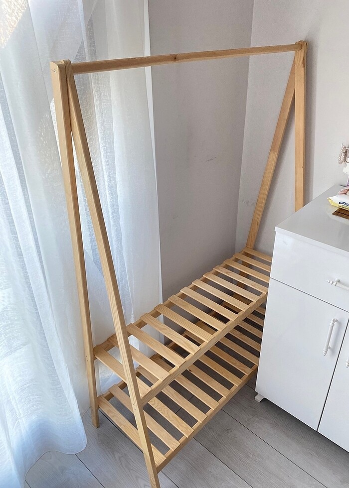 Ahşap İskandinav Elbise Askılık 2 Raflı - Görsel 5