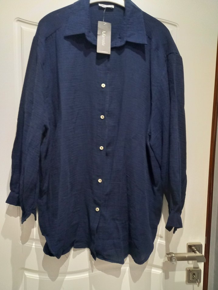 Keten  lacivert bayan Gömlek - Görsel 2