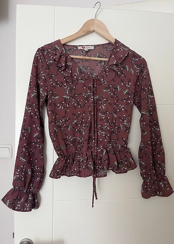 Bordo Çiçek Desenli Uzun Kollu Bluz