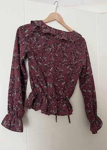 34 Beden bordo Renk Bordo Çiçek Desenli Uzun Kollu Bluz