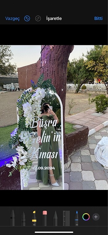 Tasarımcı 46-48 beden kına yeşili özel dikim elbise. Sadece bir kez giyild