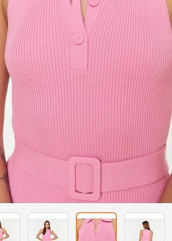 Pembe V Yaka Kemerli Mini Triko Elbise