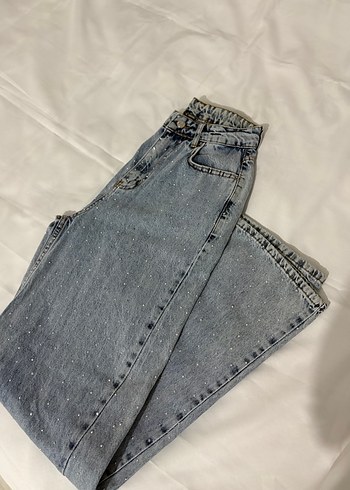 Taşlı Bol Paça Mavi Jean - Görsel 2