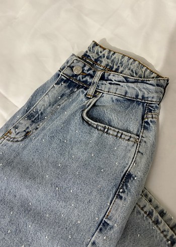 Taşlı Bol Paça Mavi Jean - Görsel 3