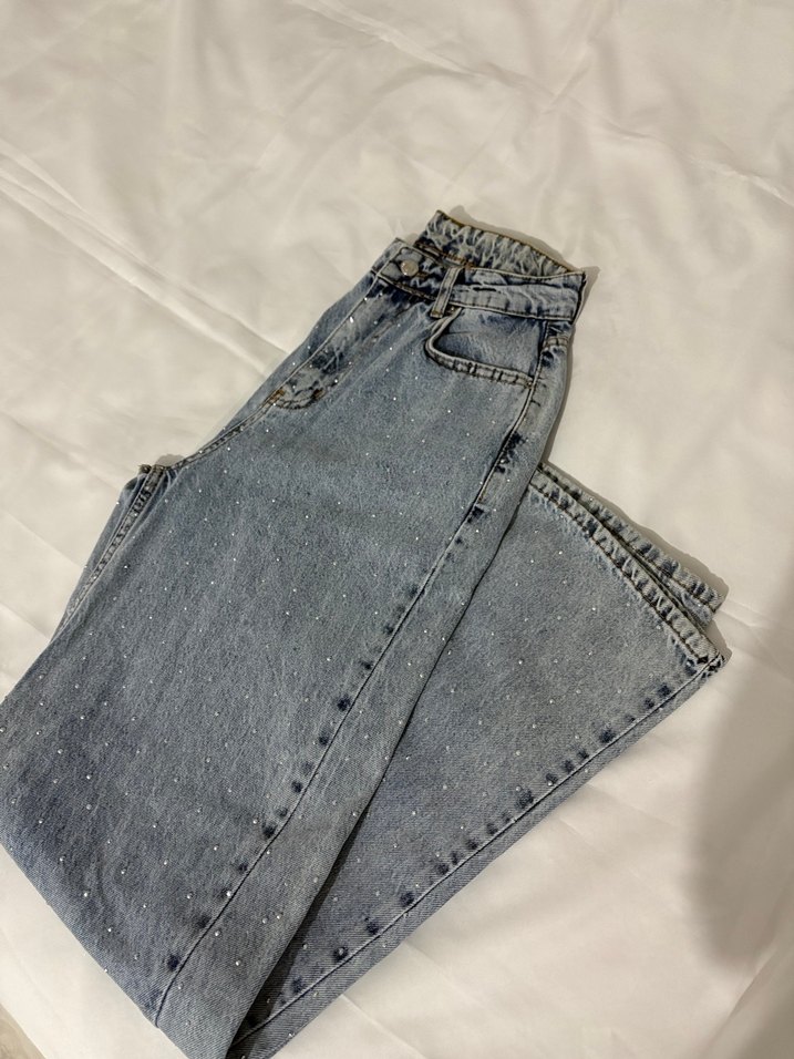 Taşlı Bol Paça Mavi Jean - Görsel 2