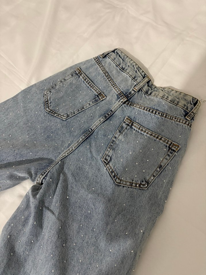 Taşlı Bol Paça Mavi Jean - Görsel 5