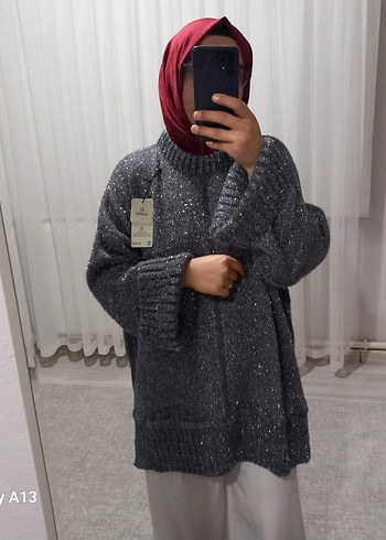 Kırmızı Parlak Triko Boğazlı Salaş simli Kazak - Görsel 3