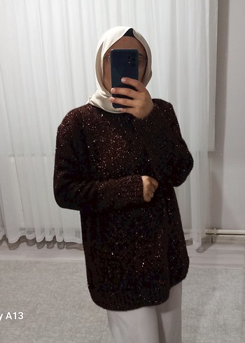 Kırmızı Parlak Triko Boğazlı Salaş simli Kazak - Görsel 2