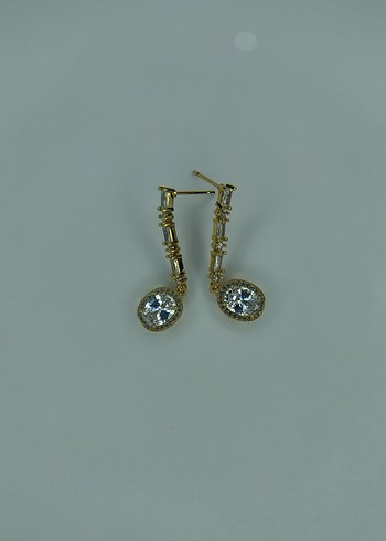 Uzun Altın Renkli Zirkon Taşlı Küpe - Görsel 2