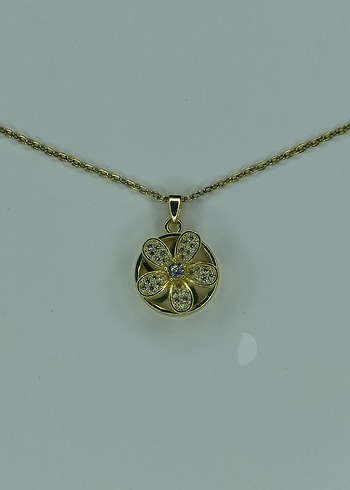 Altın Renkli Döner Çerçeve İçinde Çiçek Detaylı Kolye - Görsel 2