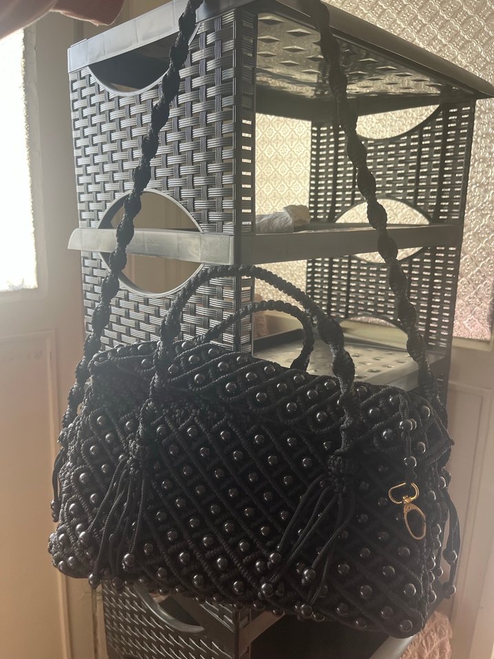 Boncuk İşlemeli Siyah Bohem El Çantası - Görsel 2