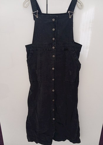 Düğmeli Siyah Denim Midi Salopet - Görsel 5