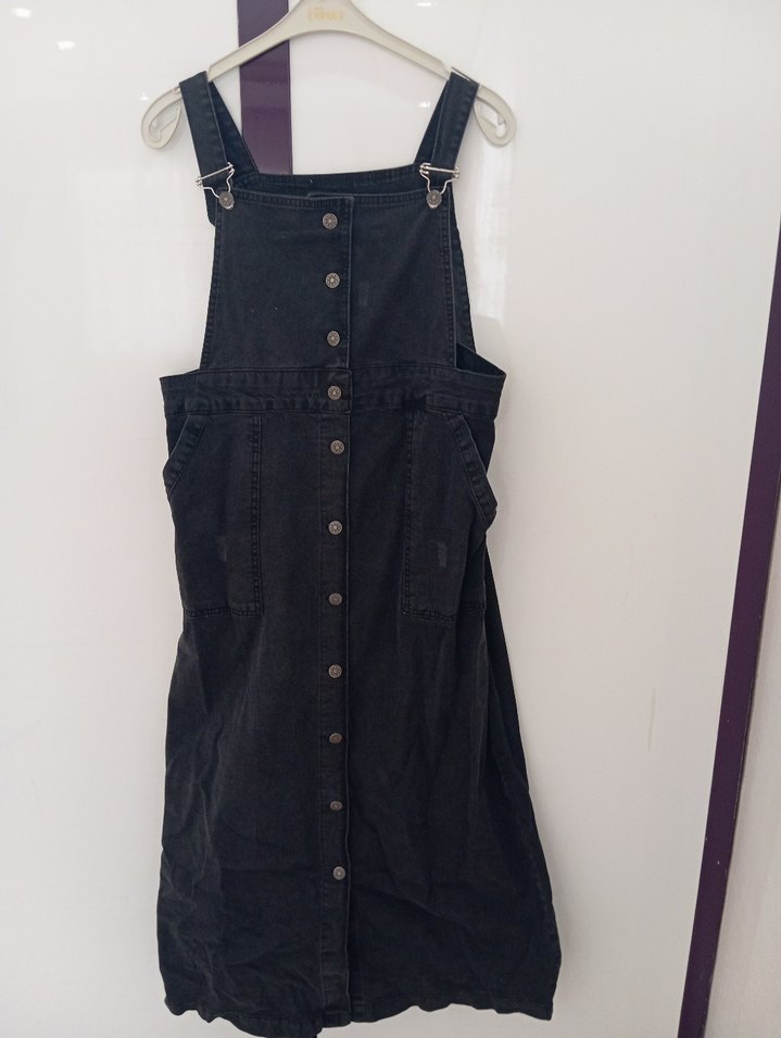 Düğmeli Siyah Denim Midi Salopet - Görsel 2