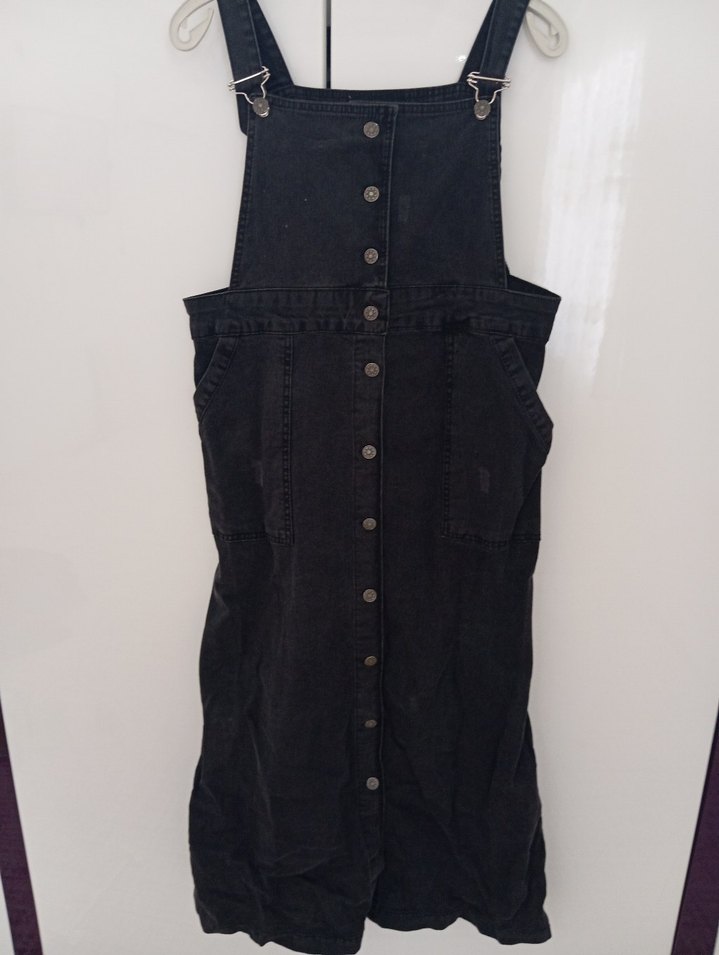 Düğmeli Siyah Denim Midi Salopet - Görsel 5